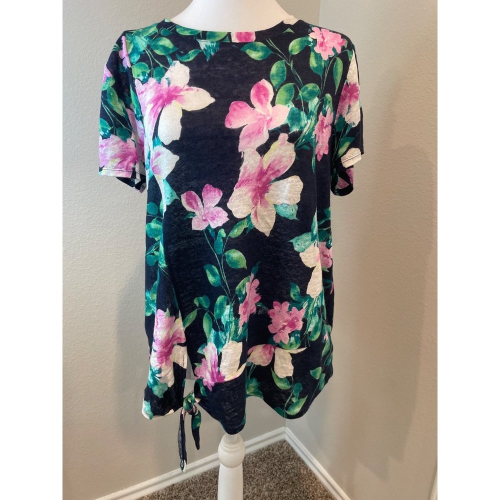 J Jill Navy Floral Love Linen Collection Tie Bottom Blouse